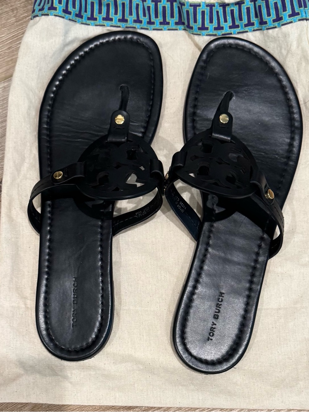 Tory Burch Black Leather Logo Thong Sandals
